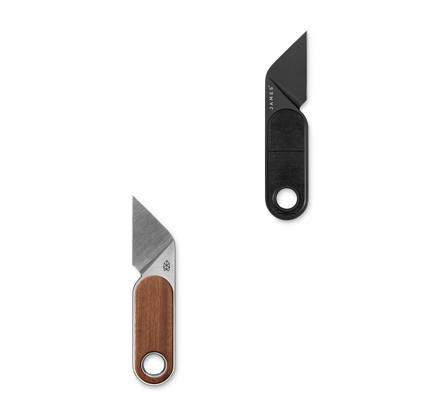 Two Abbey mini everyday fixed blade knives next to each other.