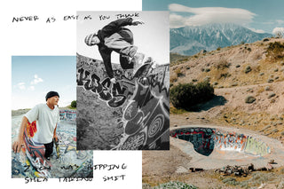 A collage of skateboarders at the Nude Bowl with scribbles on top.