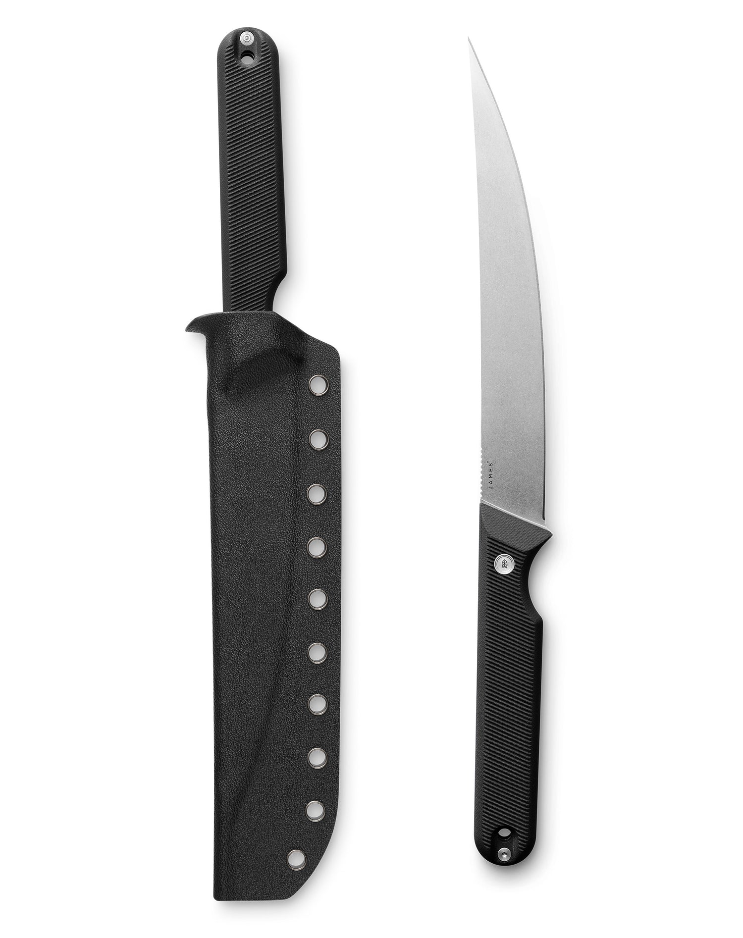 The Humboldt fillet knife shown in and out of its sheath.