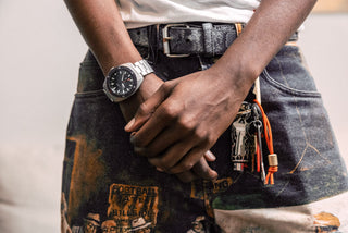A person wearing the The James x Timex Automatic GMT watch.