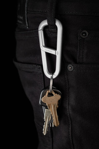 The Hardin EDC keychain carabiner with keys attached to a belt loop.