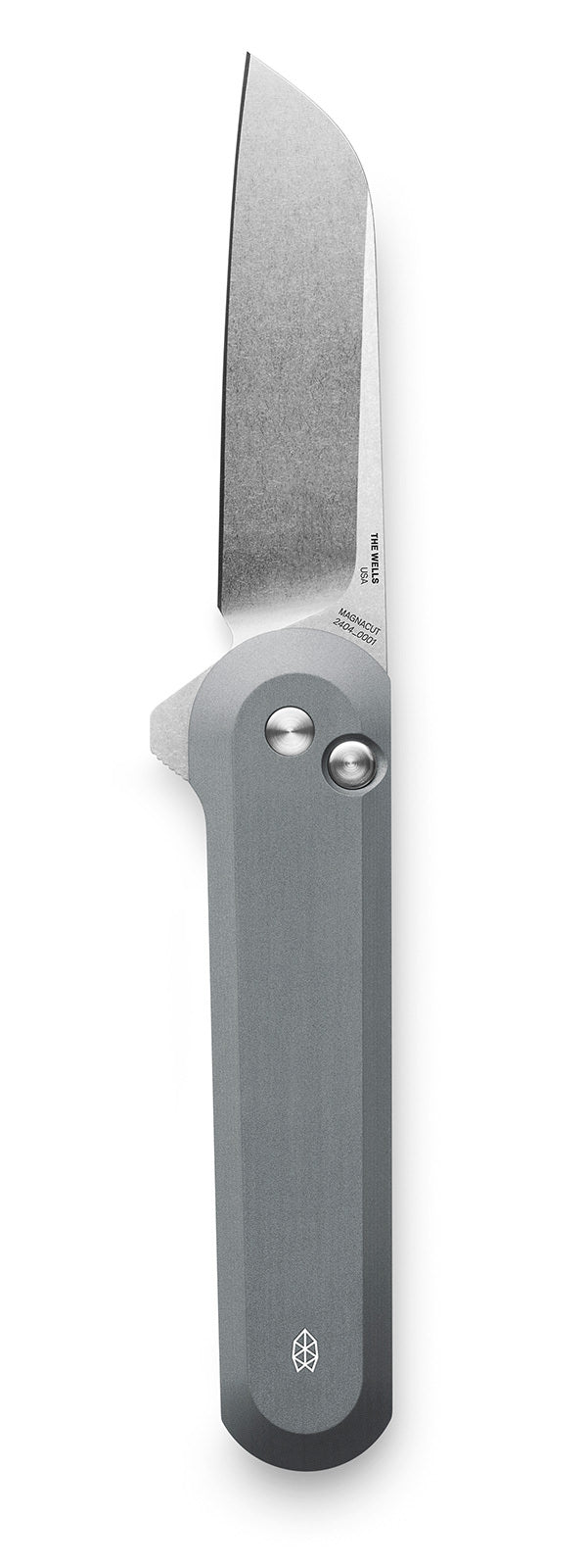 The Wells folding button lock EDC pocket knife in raw aluminum.