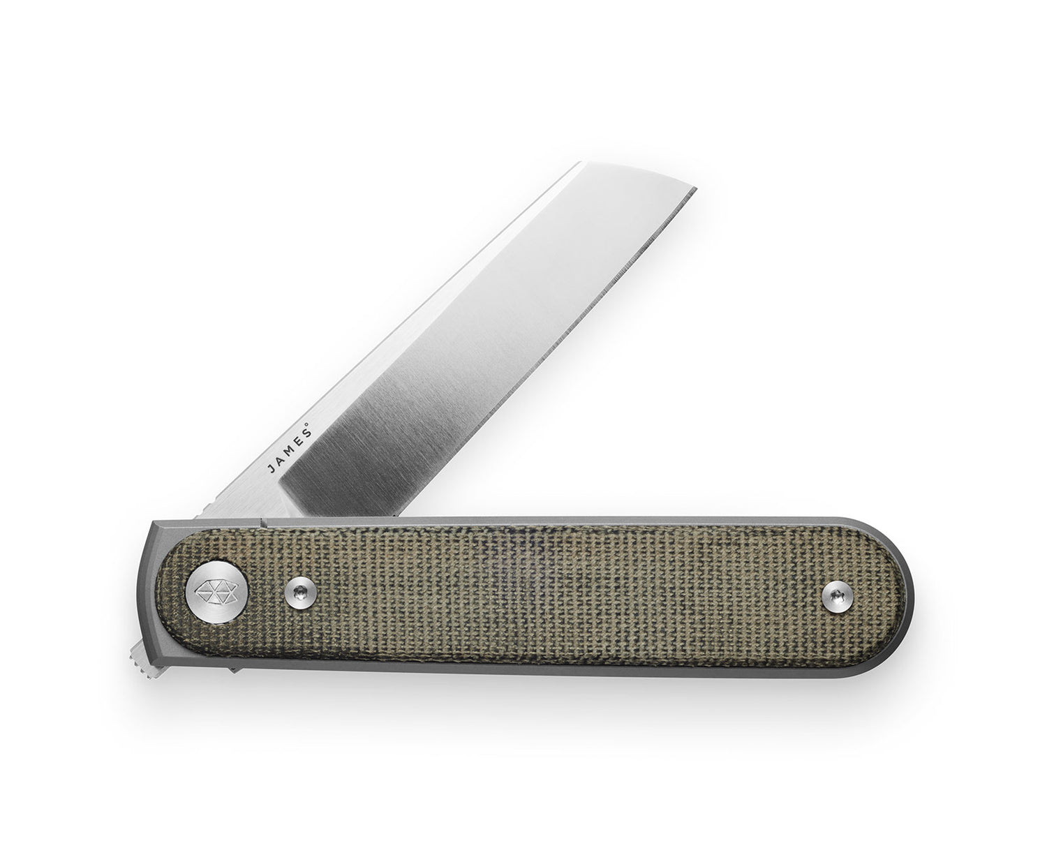 The Duval knife with green micarta handle and stainless steel blade.