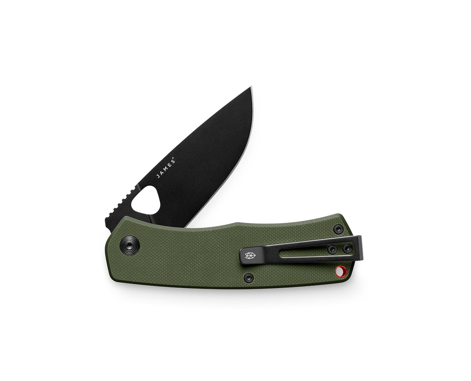 The Folsom knife with OD green and orange case and black blade.