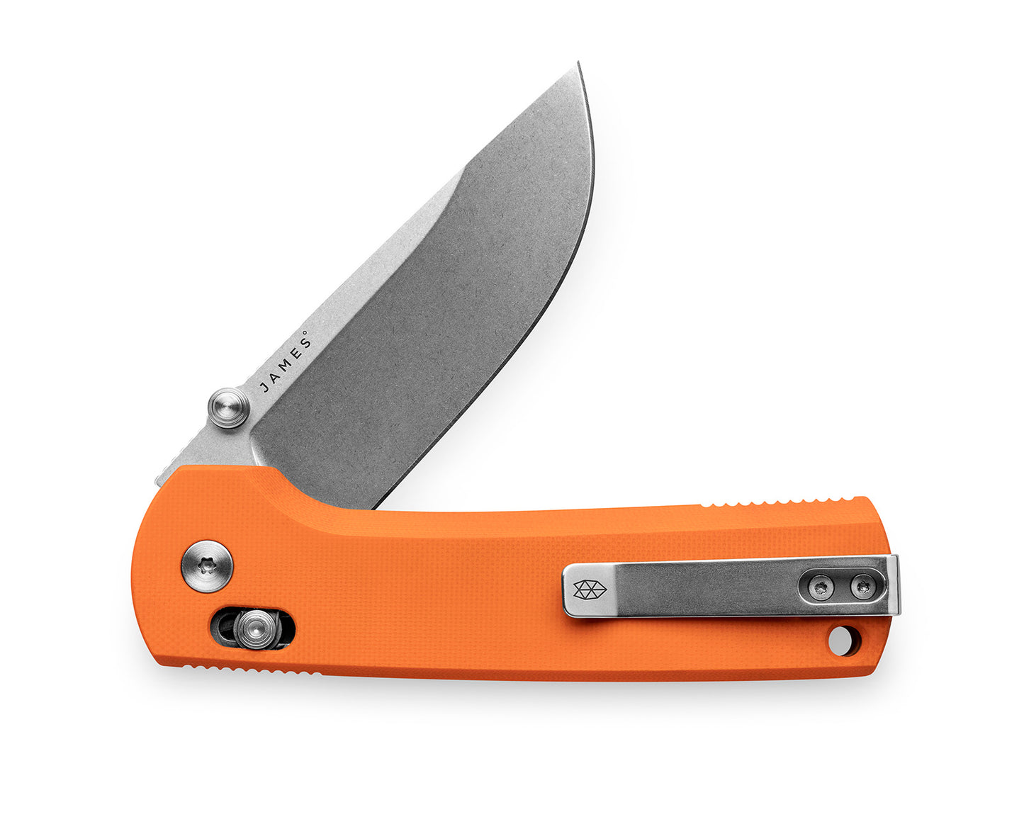 The Kline knife with orange handle with stainless steel blade.