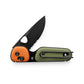 The Redstone knife with OD green and orange case and black serrated blade.