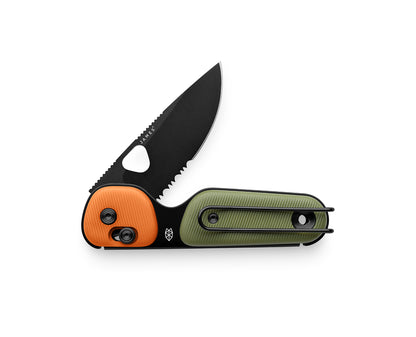 The Redstone knife with OD green and orange case and black serrated blade.