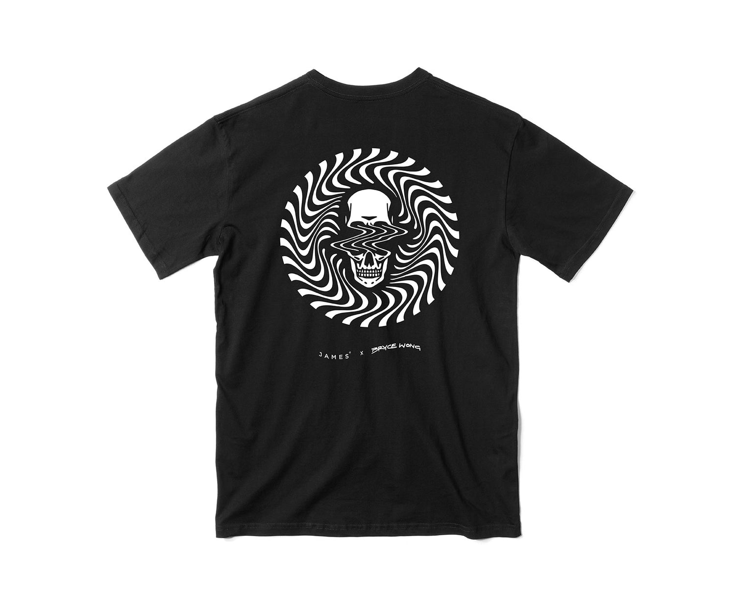 Bryce Wong black t-shirt with white graphics.