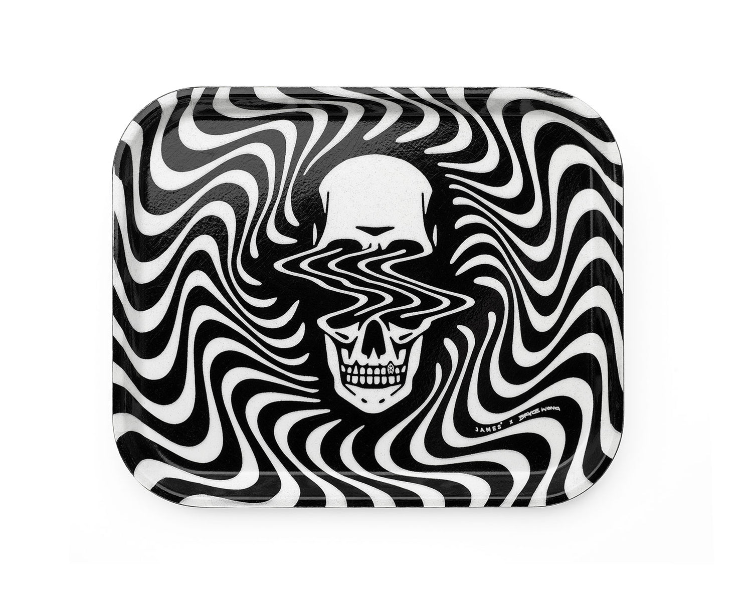 Bryce Wong black tray with white graphics.