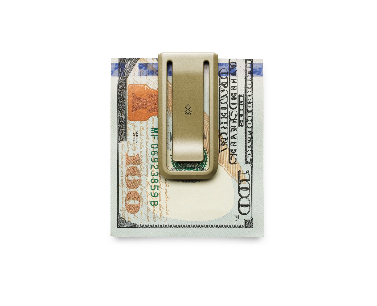 The Martindale titanium money clip in gold with cash.