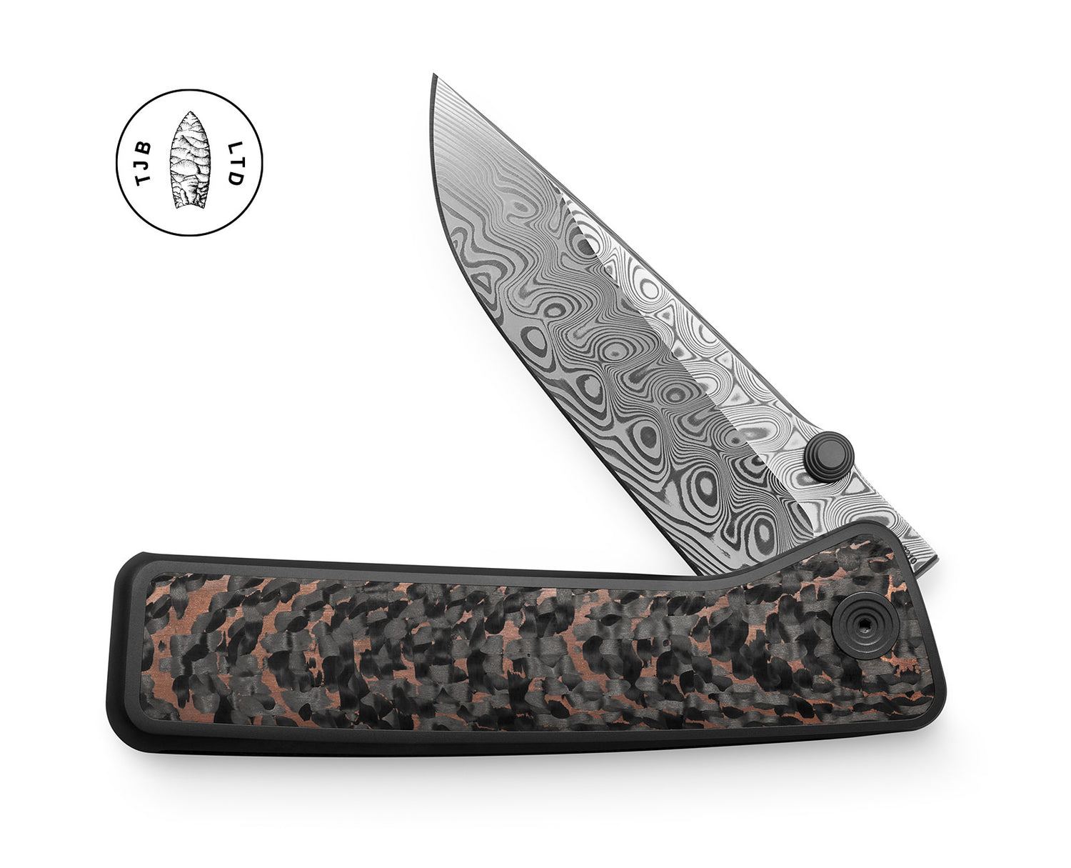 The Barnes LTD integral titanium frame lock pocket knife with a Snakesin Copper handle and Damasteel blade.