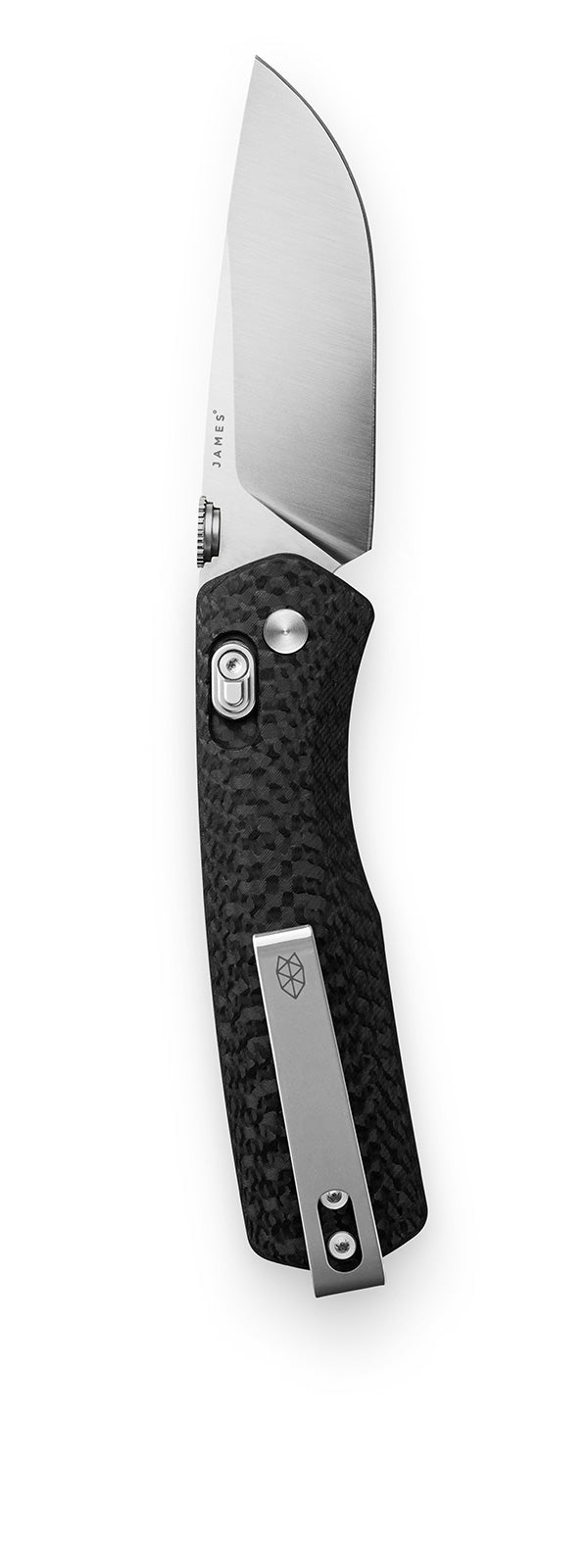 A vertical image of The Carter EDC slide lock folding pocket knife in carbon fiber.