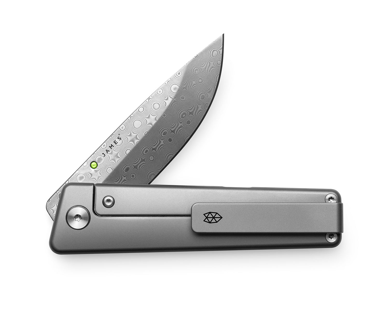 The Chapter 2 EDC titanium pocket knife with a Damasteel blade on the pocket clip side.