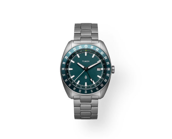 The emerald and titanium James x Timex Automatic GMT watch.