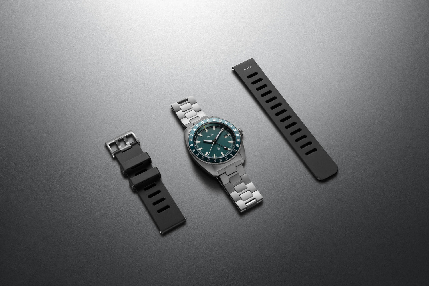 The James x Timex Automatic GMT watch with a replacement strap.