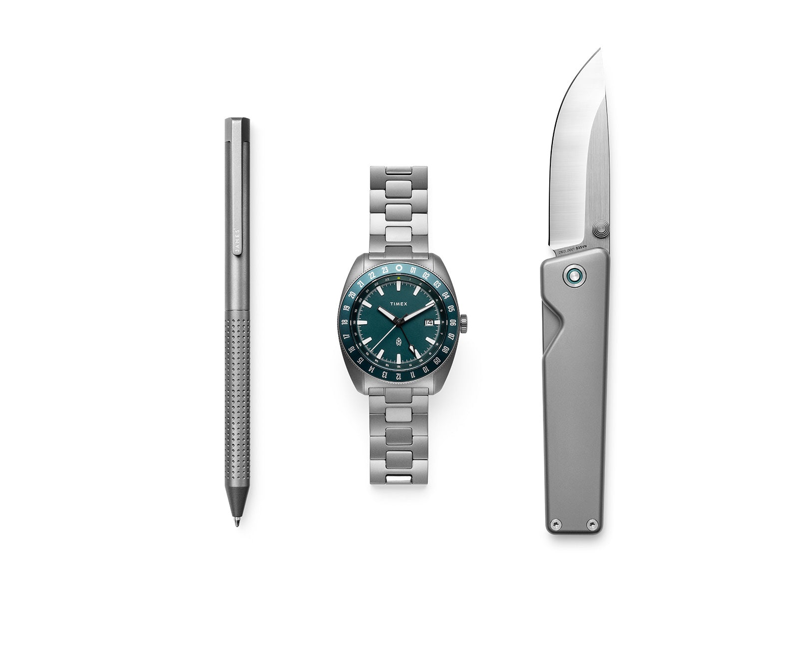 The TJB x Timex Daily Essential Capsule with a titanium pen, watch, and pocket knife.