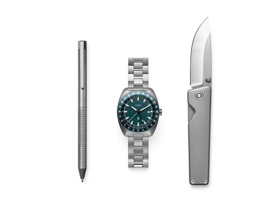 The TJB x Timex Daily Essential Capsule with a titanium pen, watch, and pocket knife.