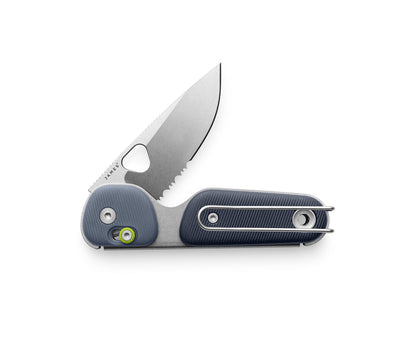 The Redstone serrated slide lock pocket knife in tidal blue and stonewash.
