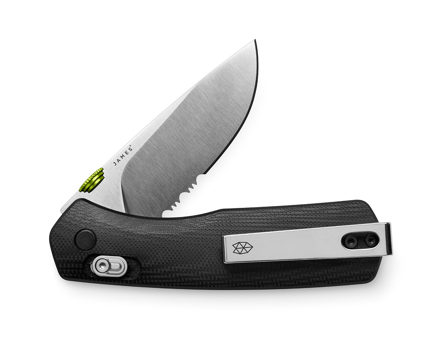 The Carter EDC pocket knife with a serrated stainless blade and black handle.