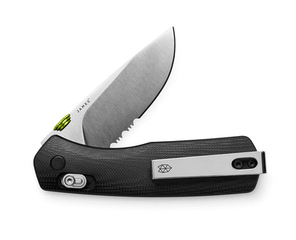 The Carter EDC pocket knife with a serrated stainless blade and black handle.