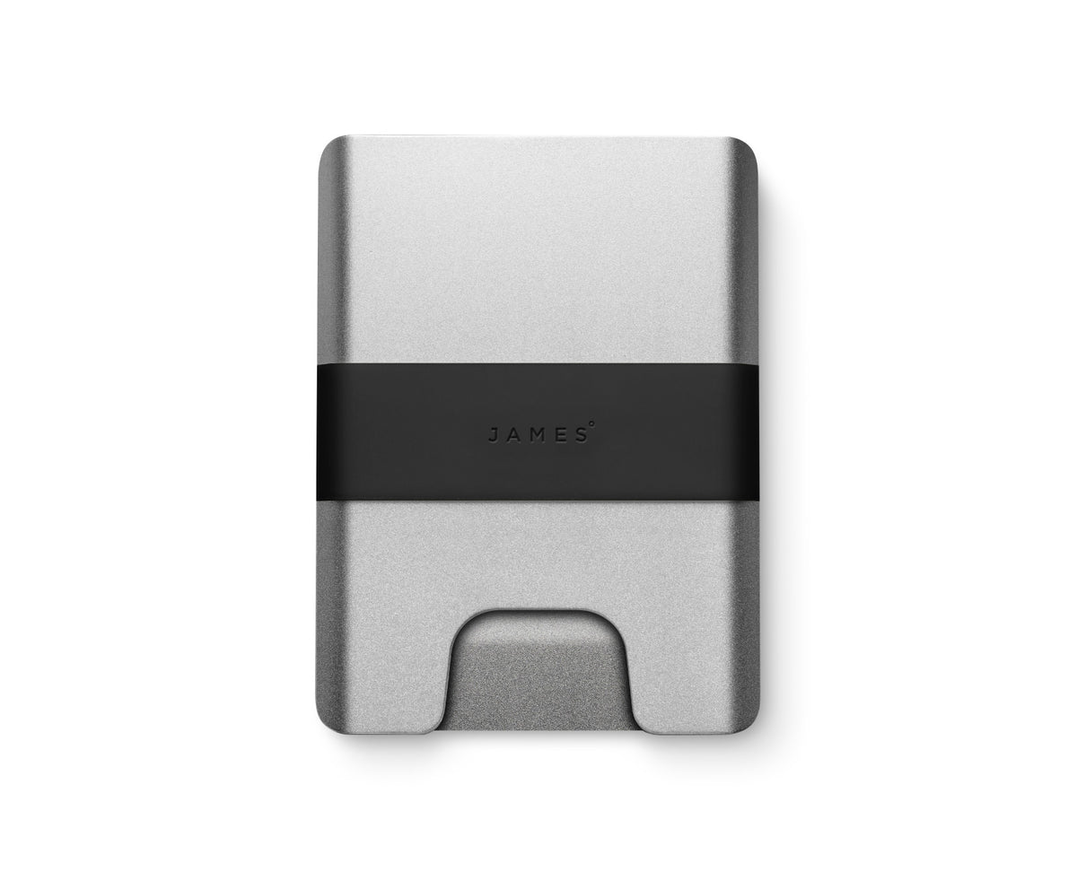 The Lowe minimalist card holder wallet in silver and black.