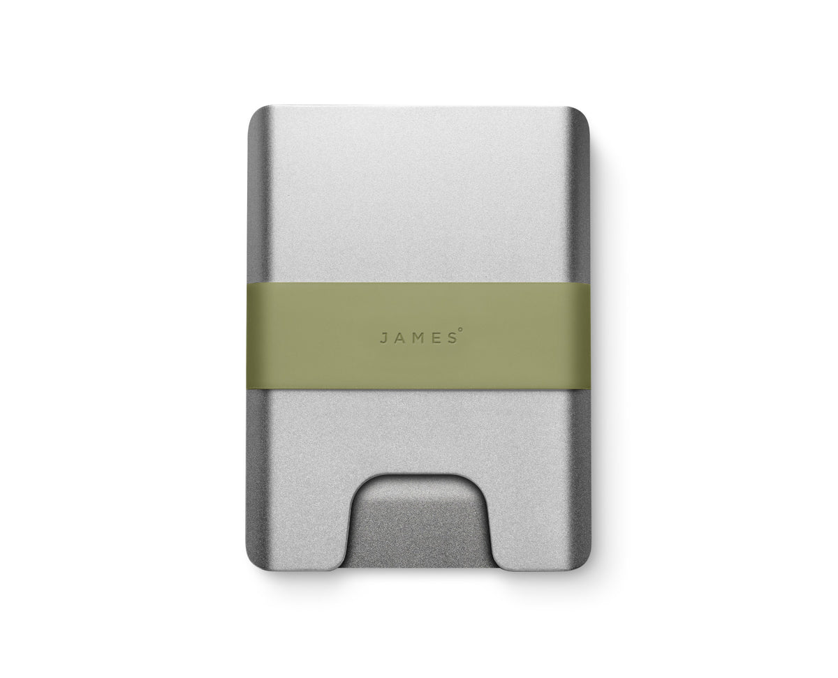 The Lowe minimalist card holder wallet in silver and grove.