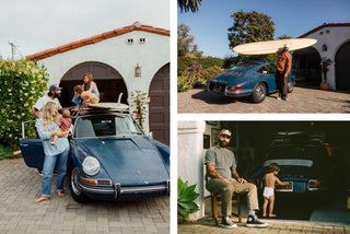 A collage of Aaron Ashton with his family and Porsche 912.