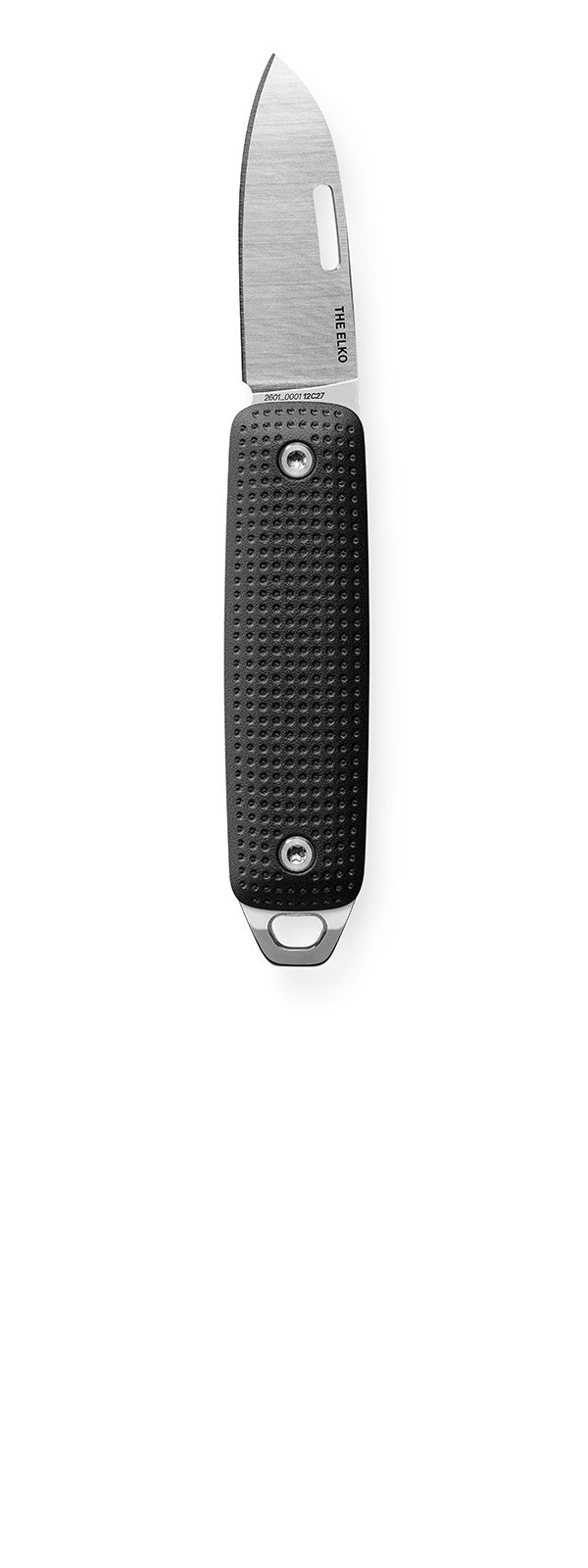 The Elko keychain pocket knife in black + stainless vertical.