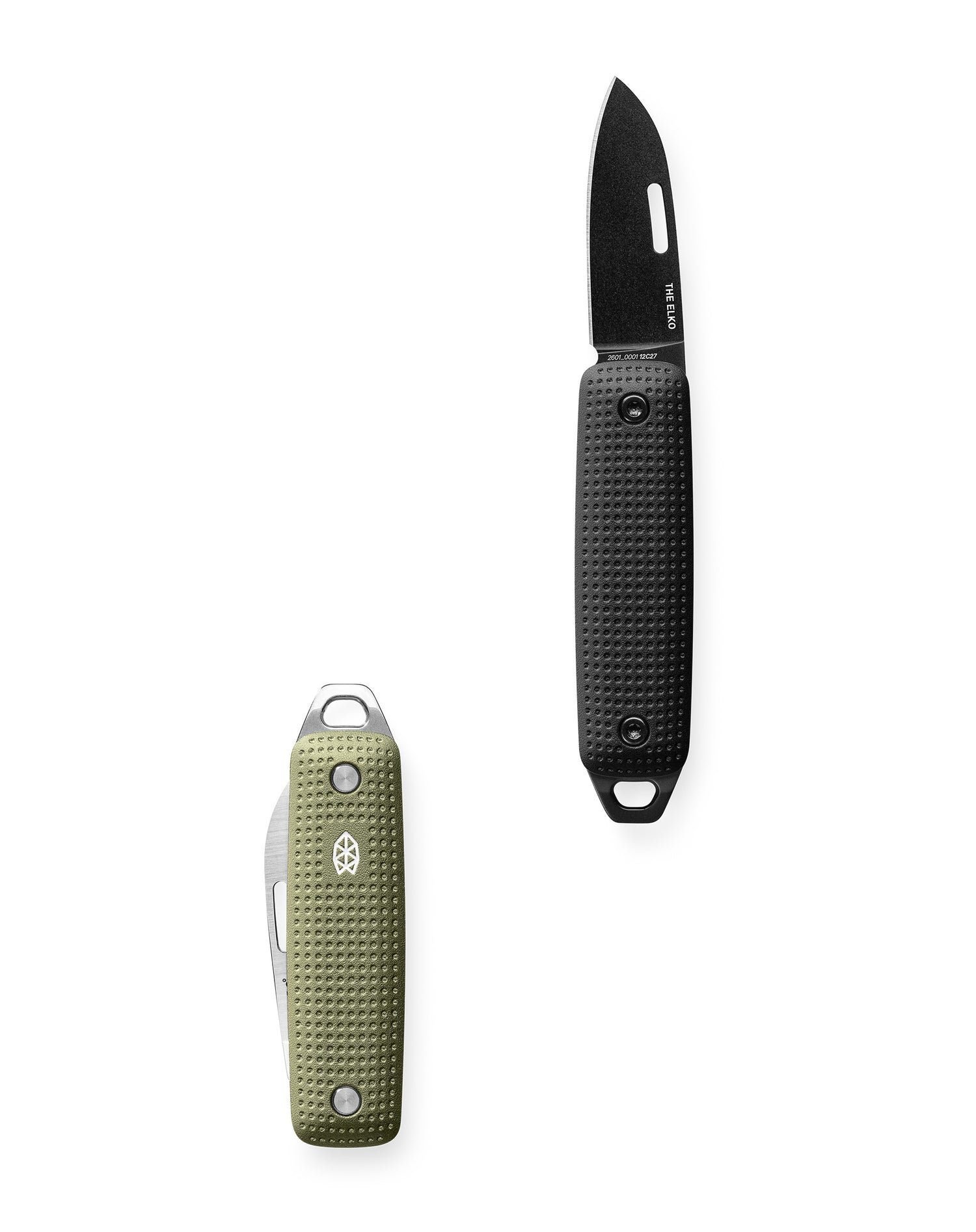 Two Elko keychain pocket knives vertical.