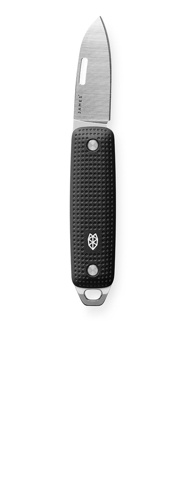 The Elko keychain pocket knife in black + stainless vertical.