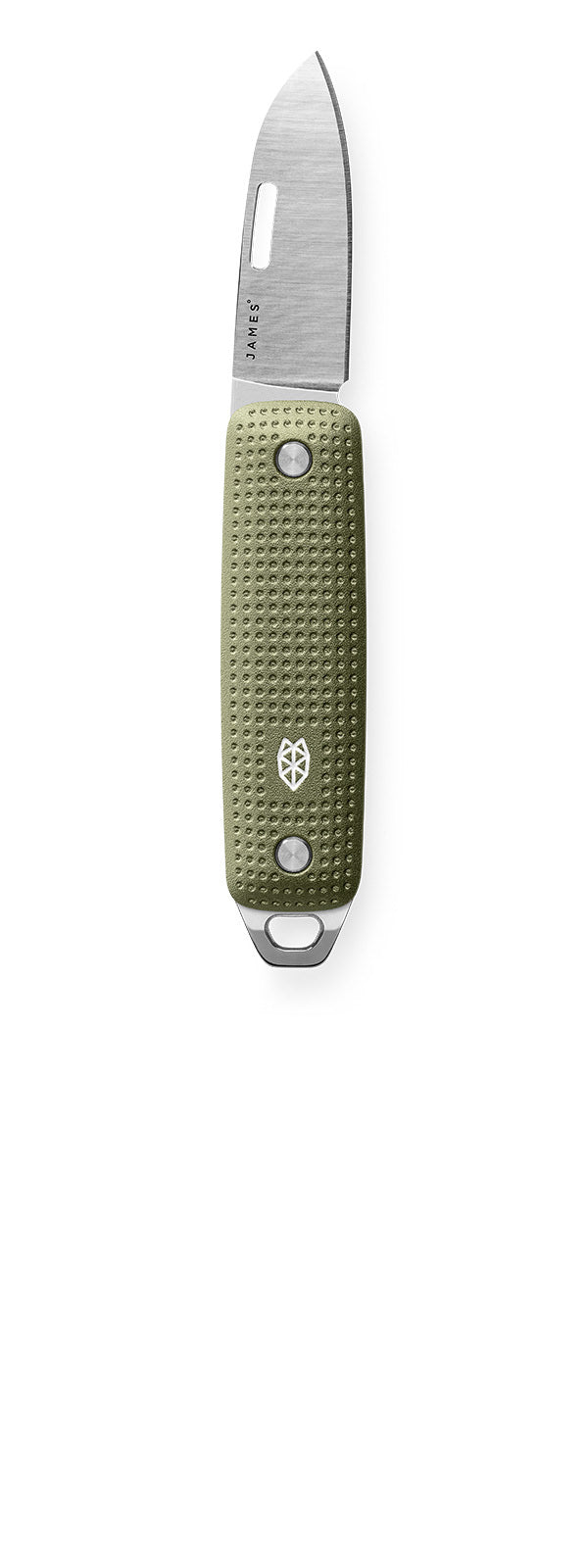 The Elko keychain pocket knife in grove + stainless vertical.