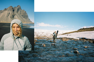 A portrait of Snowboarder, surfer, and photographer Caley Vanular and an image of her crossing an Icelandic river with her snowboard.