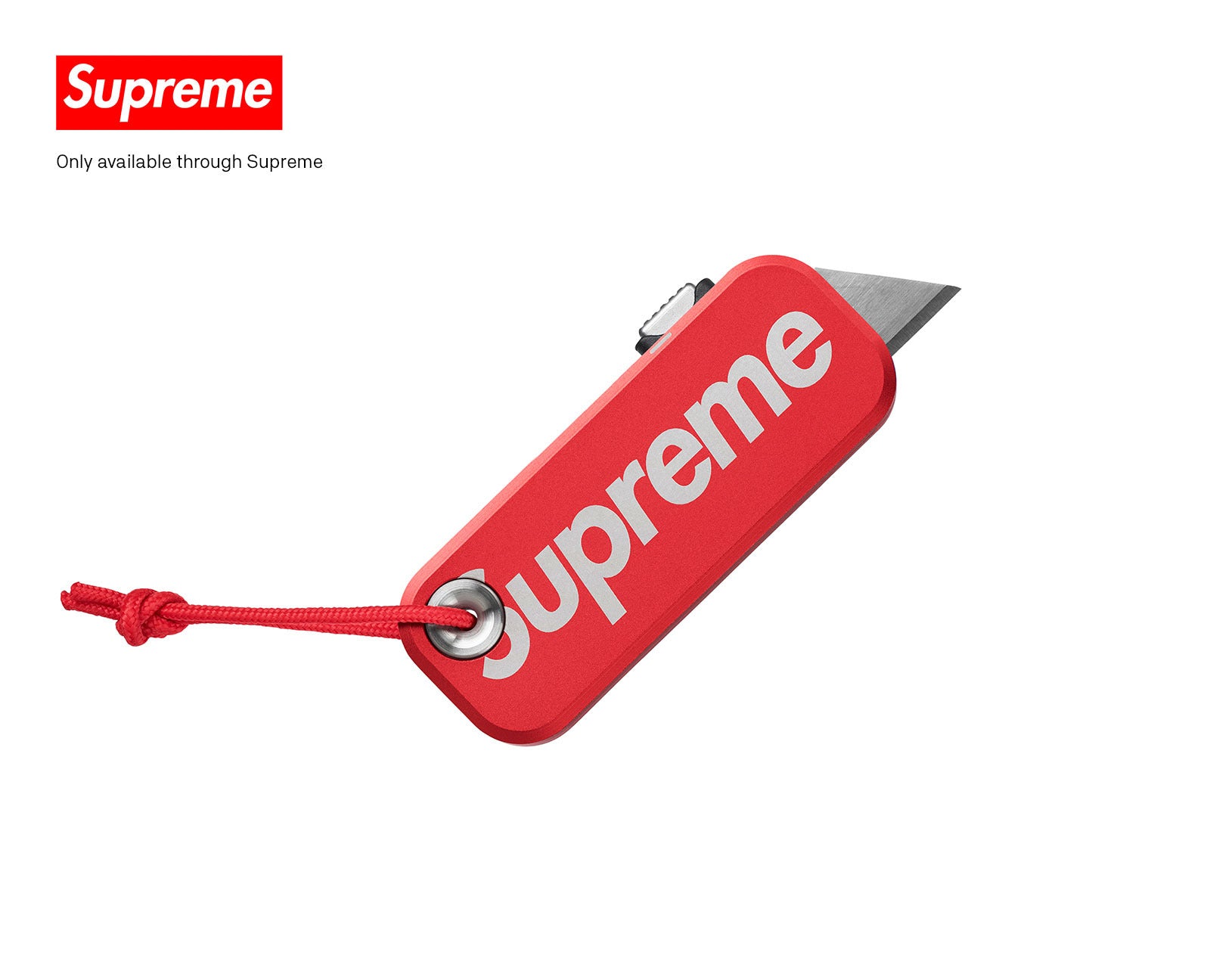 The Supreme knife with red case with Supreme logo on case.