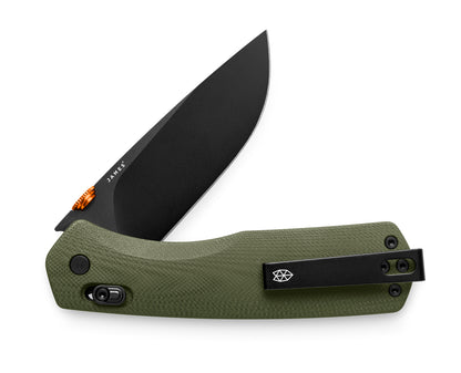 The Carter EDC folding slide lock pocket knife with OD green and orange accent case and black blade.