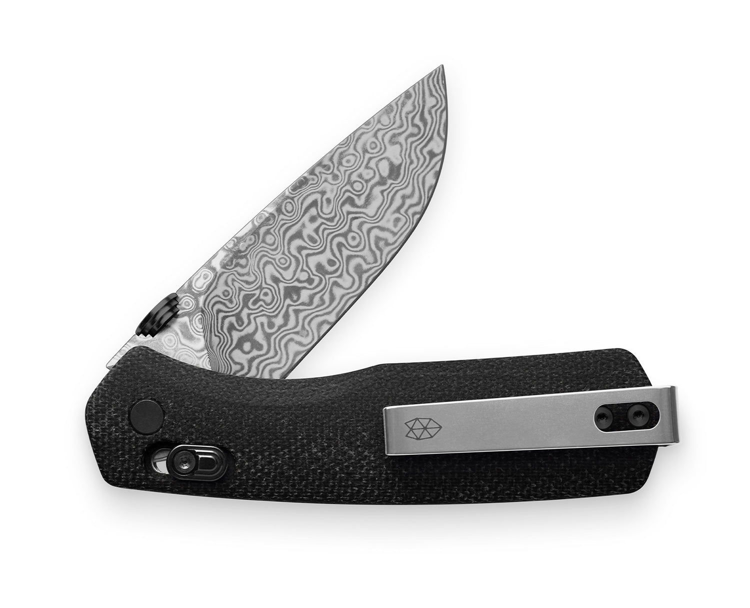 The Carter knife with black micarta handle and damascus blade.