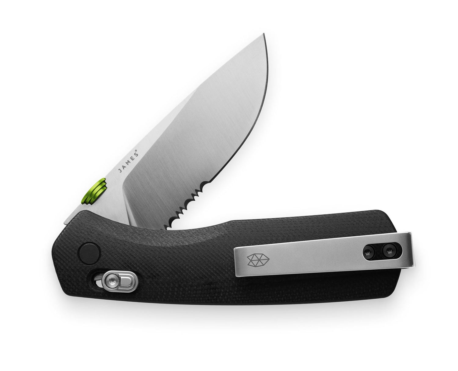 The Carter knife with black handle and serrated, stainless steel blade.