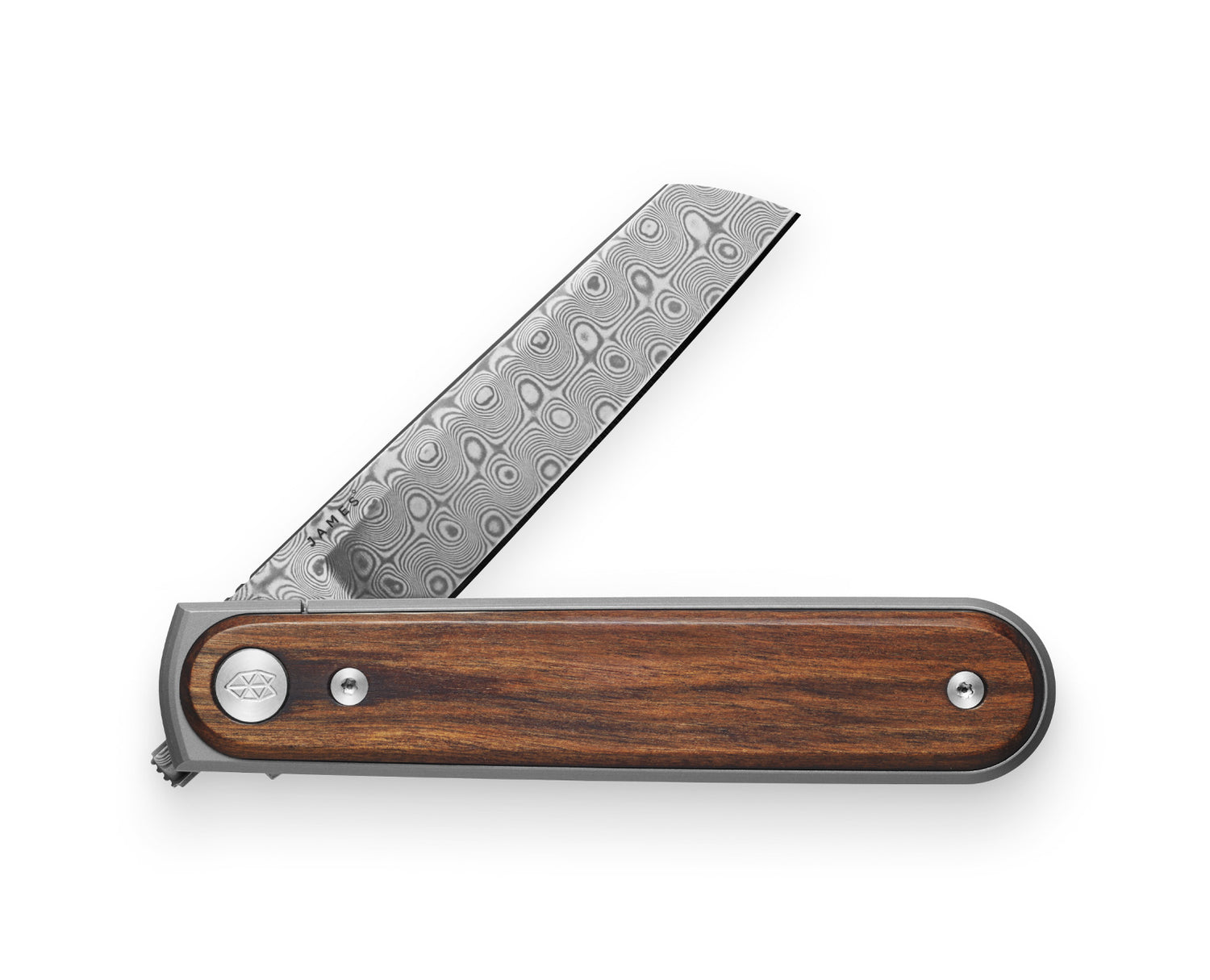 The Duval knife with rosewood handle and damasteel blade.