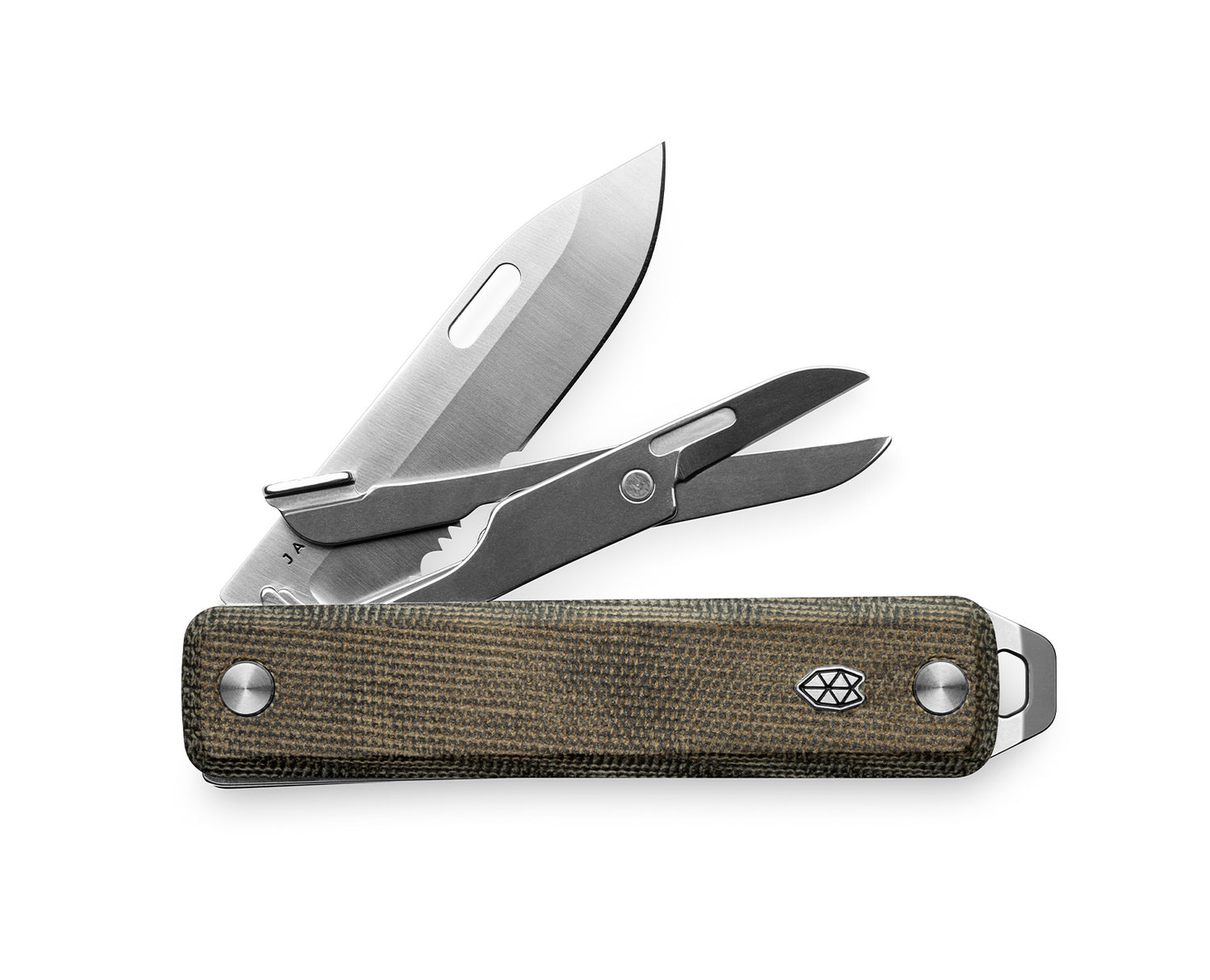 The Ellis multi-tool with OD green micarta handle and stainless steel tools.