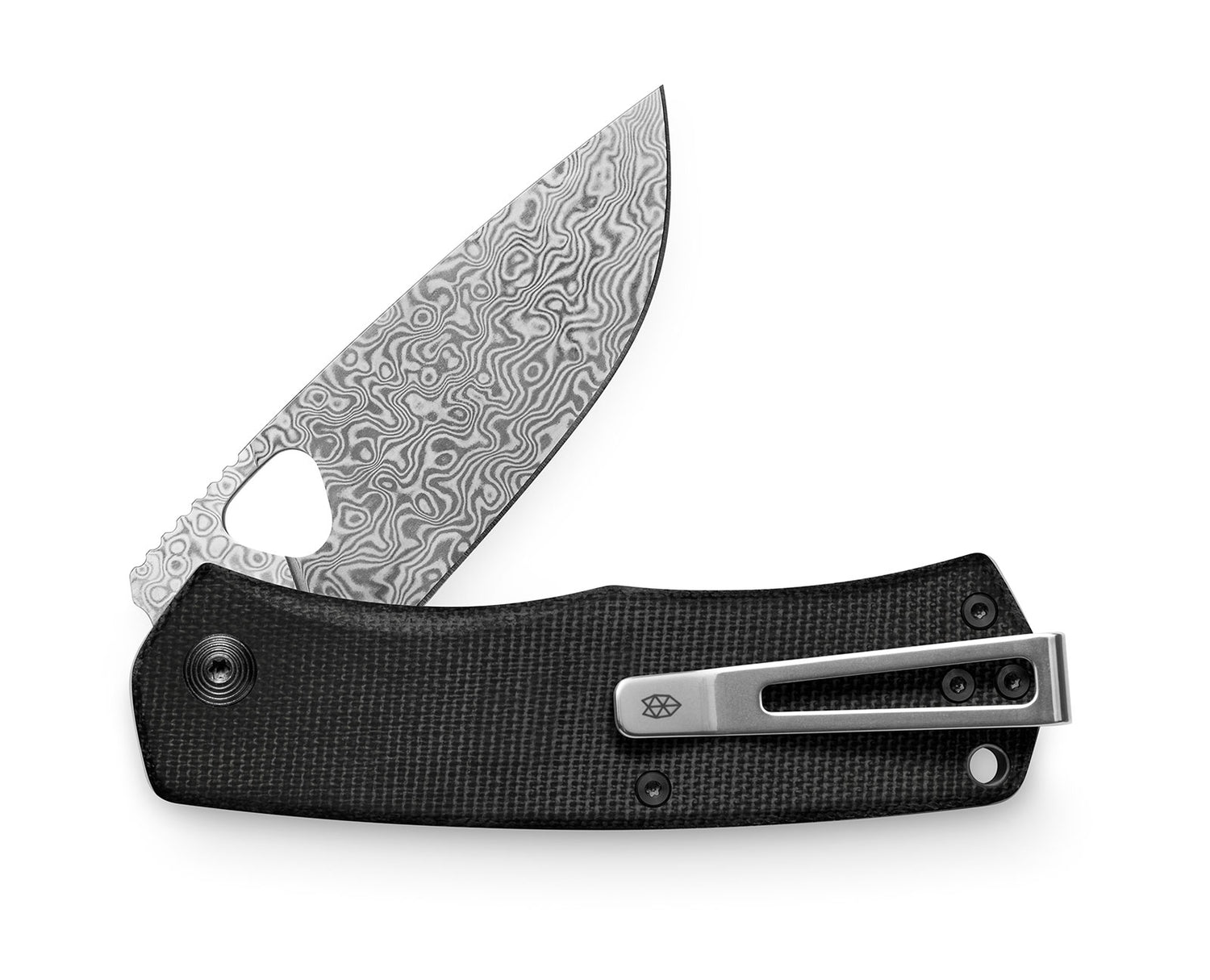 The Folsom knife with black micarta handle and damascus blade.