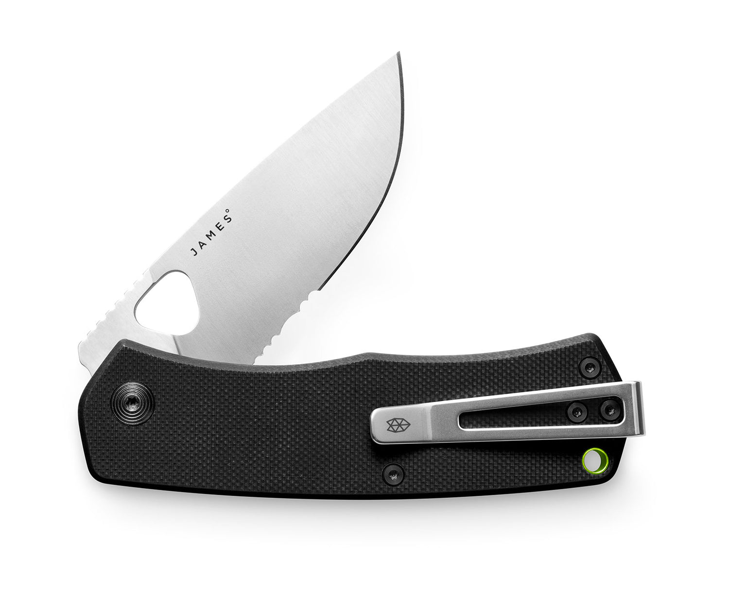 The Folsom knife with black handle and serrated, stainless steel blade.