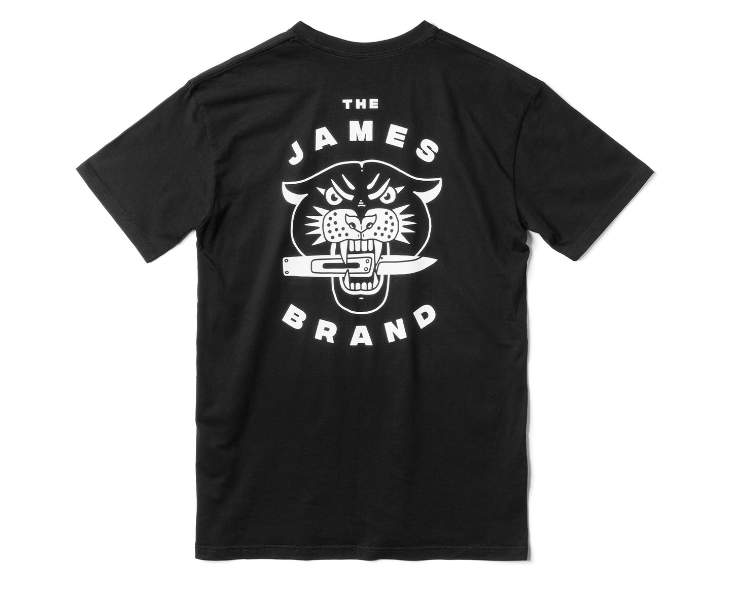 Back of black t-shirt with the james brand tiger logo