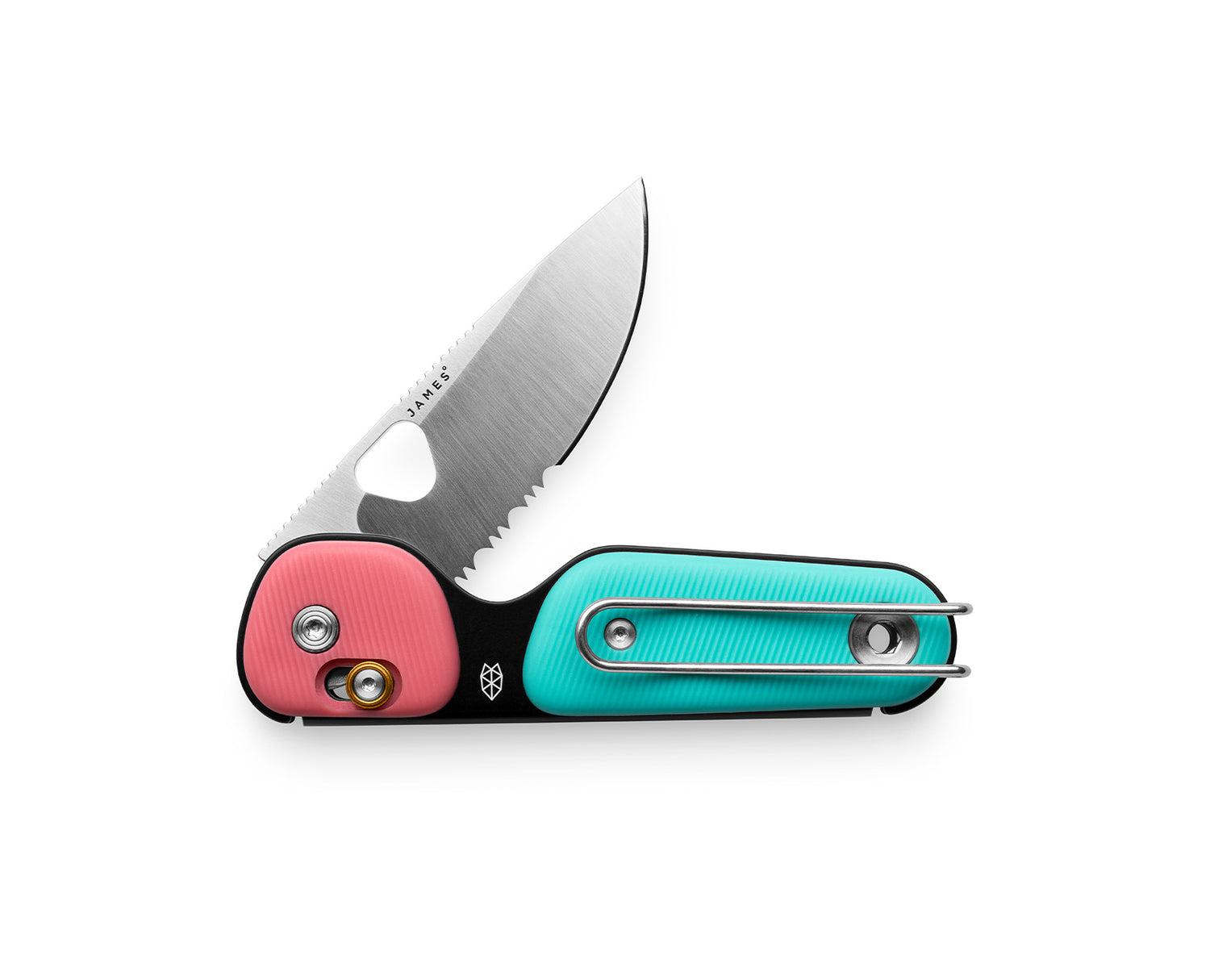 The Redstone knife with coral turquoise handle and stainless steel blade.
