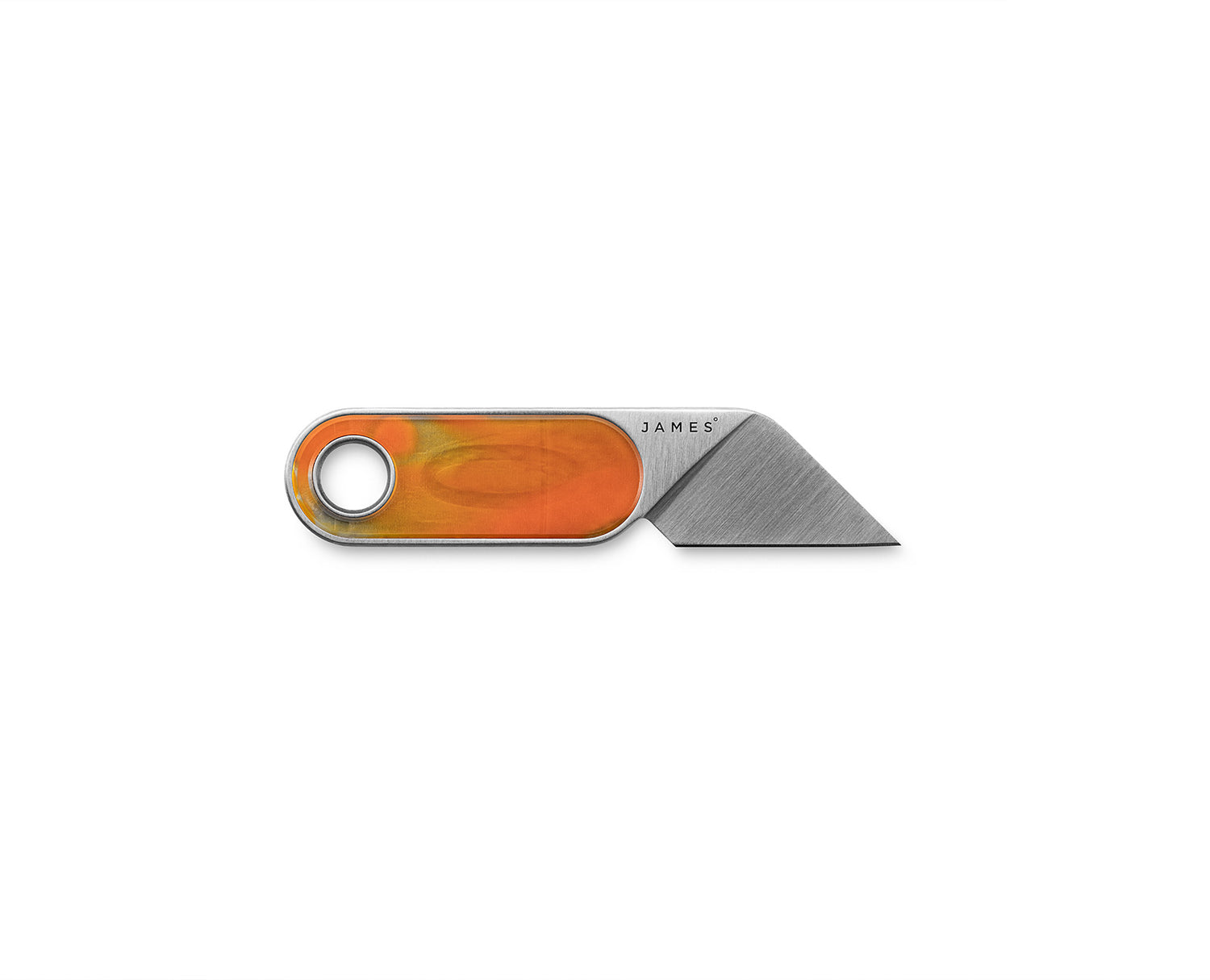 The Abbey knife with tie dye orange handle and stainless steel blade.