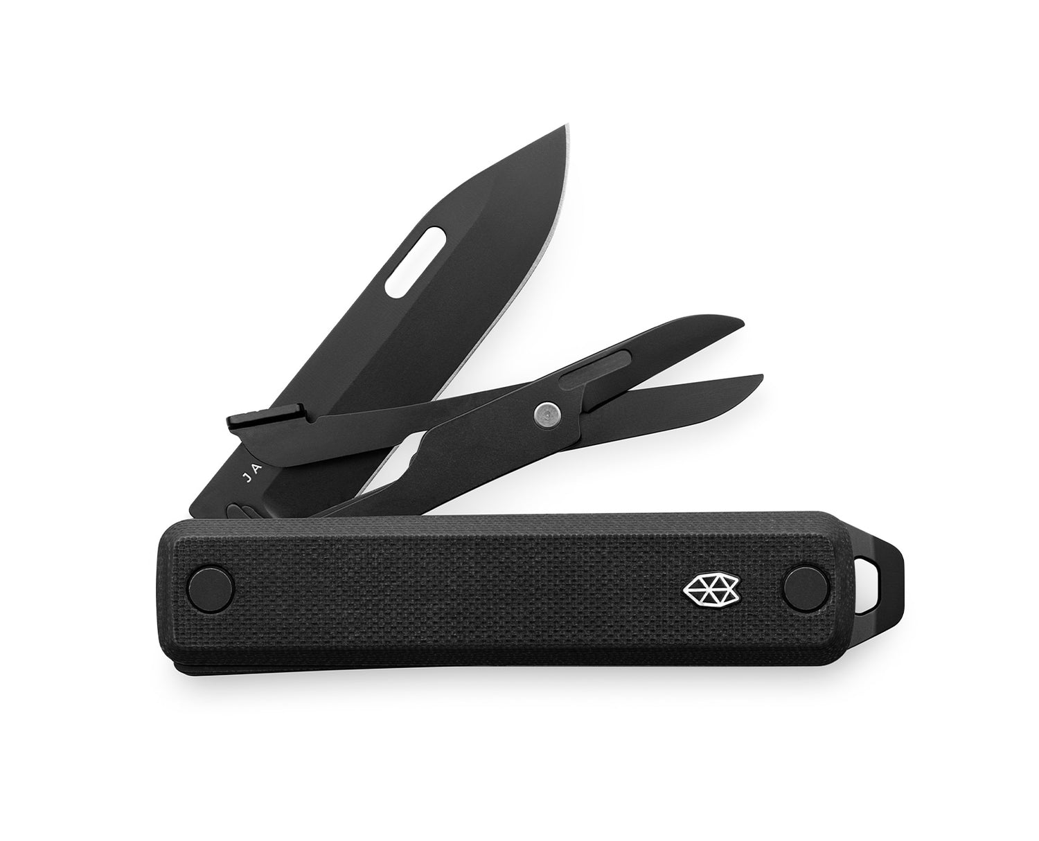 The Ellis multi-tool knife with black handle and black tools.