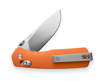 The Carter knife with orange handle and stainless steel blade.
