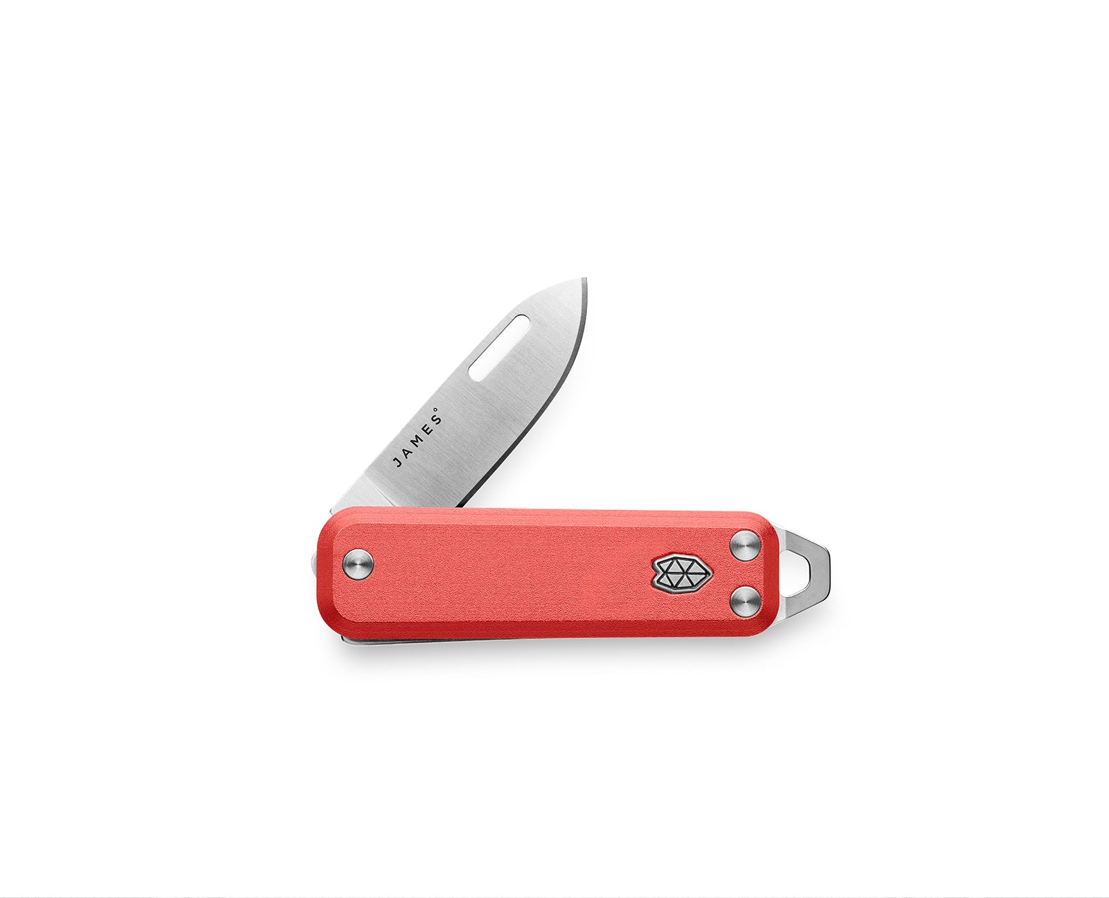 The Elko knife with coral handle and stainless steel blade.