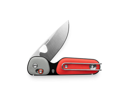 The Redstone knife with red and primer gray handle and stainless steel blade.