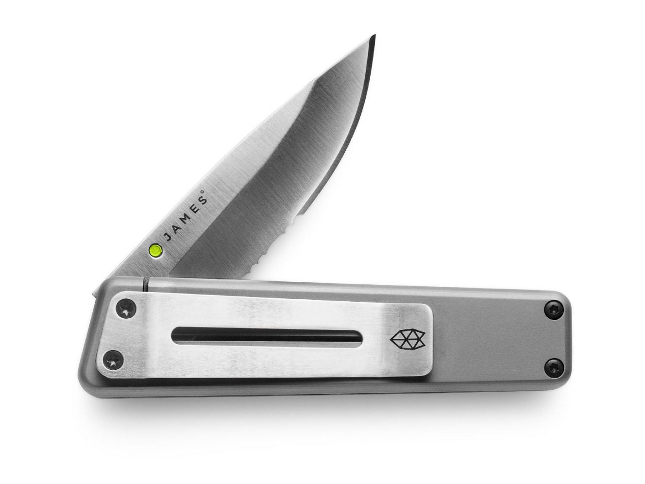 Chapter knife with titanium handle and serrated stainless steel blade.