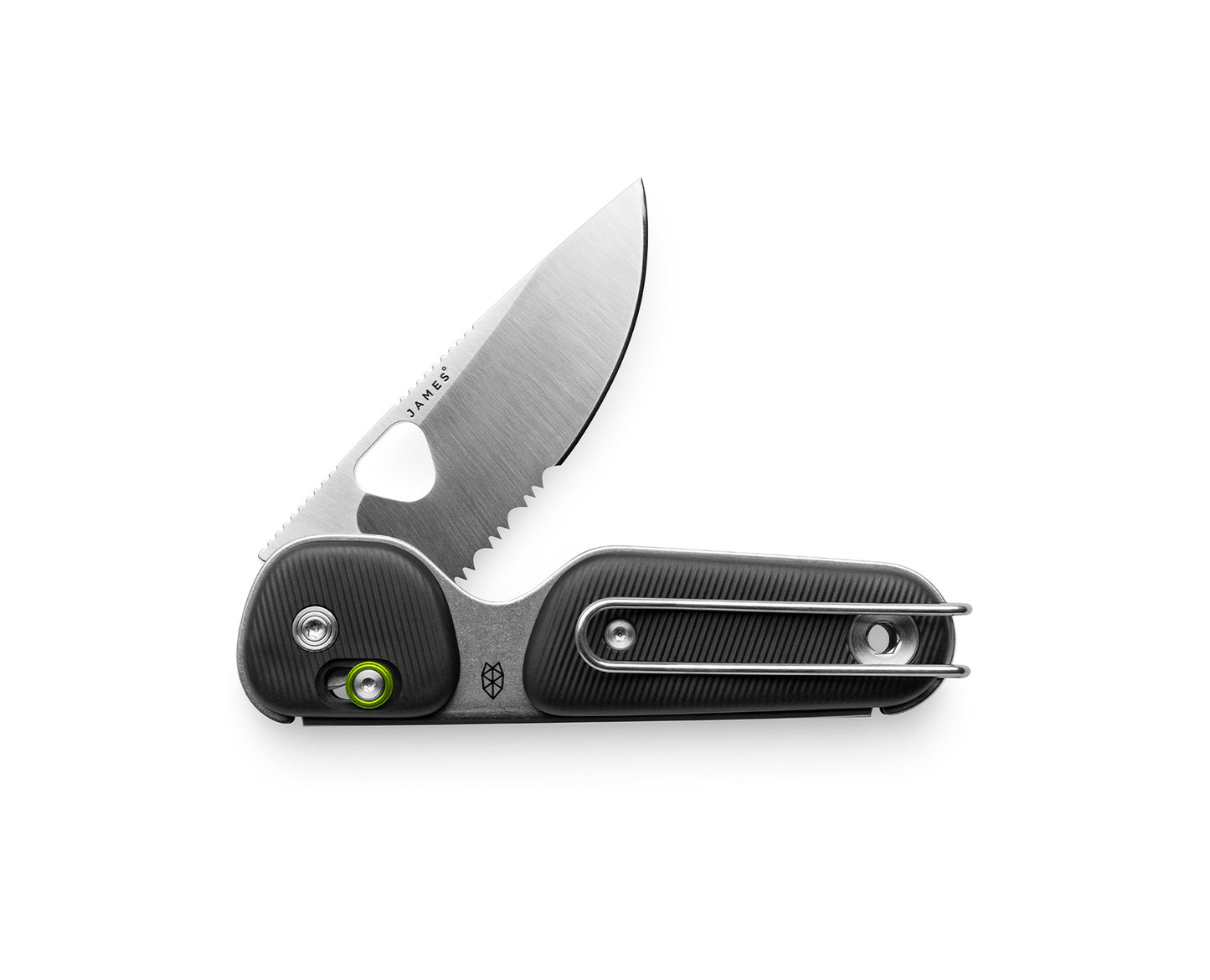 The Redstone knife with black handle and serrated, stainless steel blade.