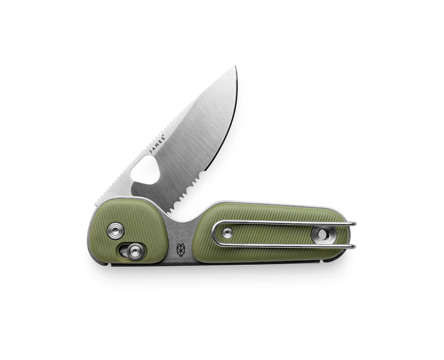 The Redstone knife with OD green handle and serrated, stainless steel blade.